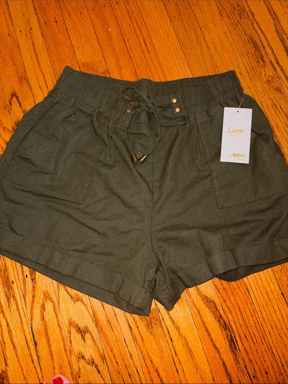 High-Waist Olive Green Linen-Blend Drawstring Women's Shorts